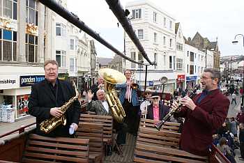 The Muskrat Ramblers Jazz Band on top deck of Hastings Trolleybus