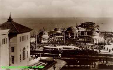 "Bandstand Hastings" posted 1933. Note the two Guy single deck BTX trolleybuses 