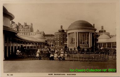 "No 159 New Bandstand, Hastings" c 1920 - note Grand Hotel and Municipal Hospital in background. 