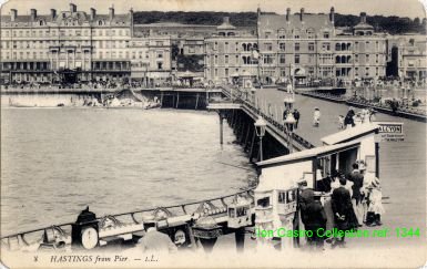 "8 HASTINGS from Pier - LL" (Louis Levy) c 1905 - note Grand Hotel, Municipal Hospital and ad for trips on "The Halcyon"