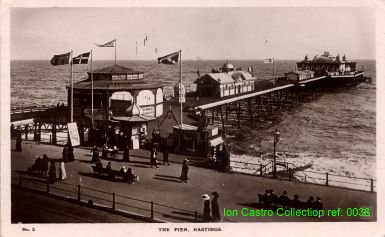 "No 2 The Pier, Hastings" posted 1917, after the pavilion had burned down. Note the 'Joy Wheel' and other structures 